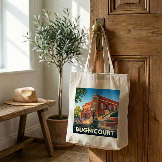 Sac cabas en toile souvenir de la ville de Bugnicourt avec une illustration stylisée.