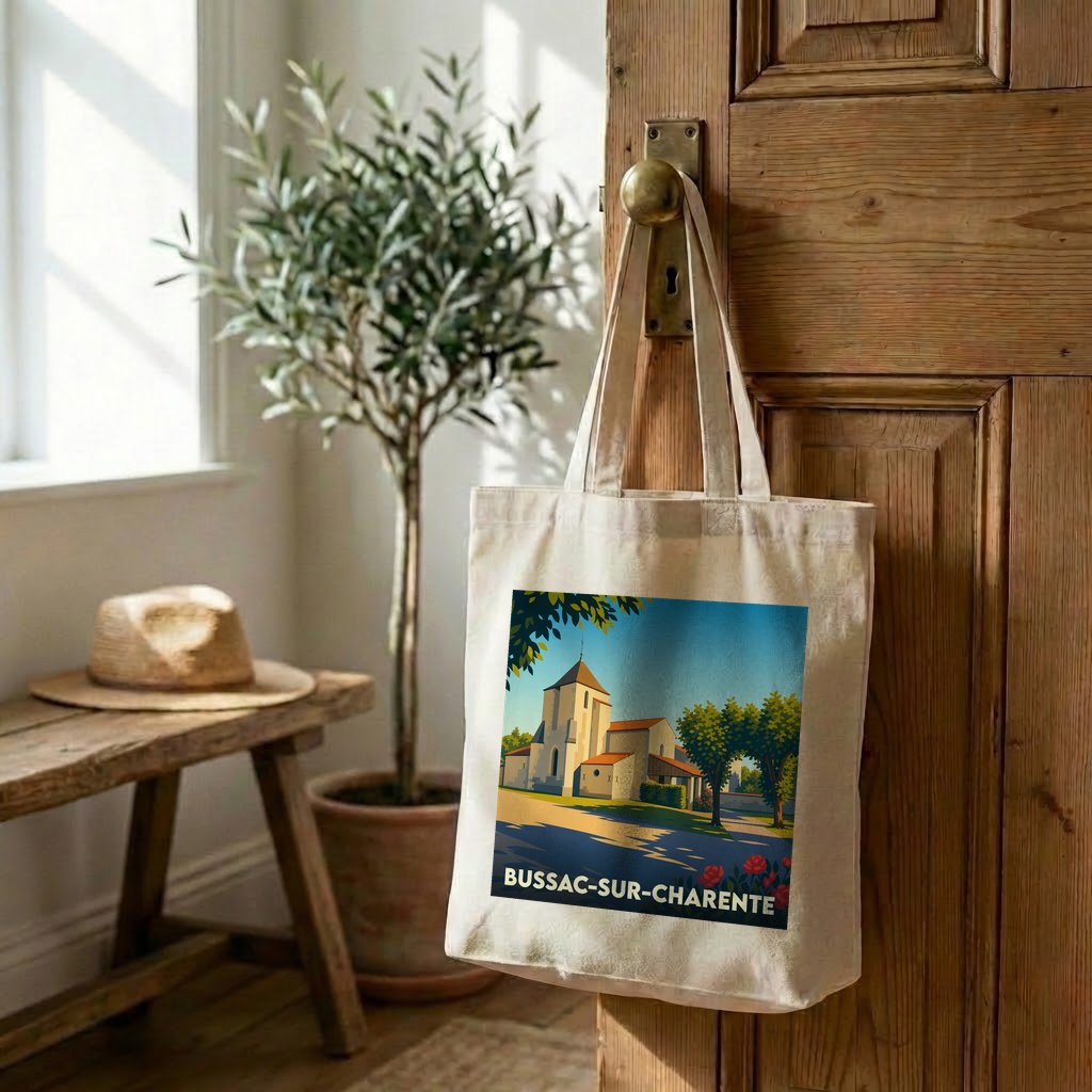 Tote bag souvenir de la ville de Bussac-sur-Charente avec une illustration stylisée de son église.