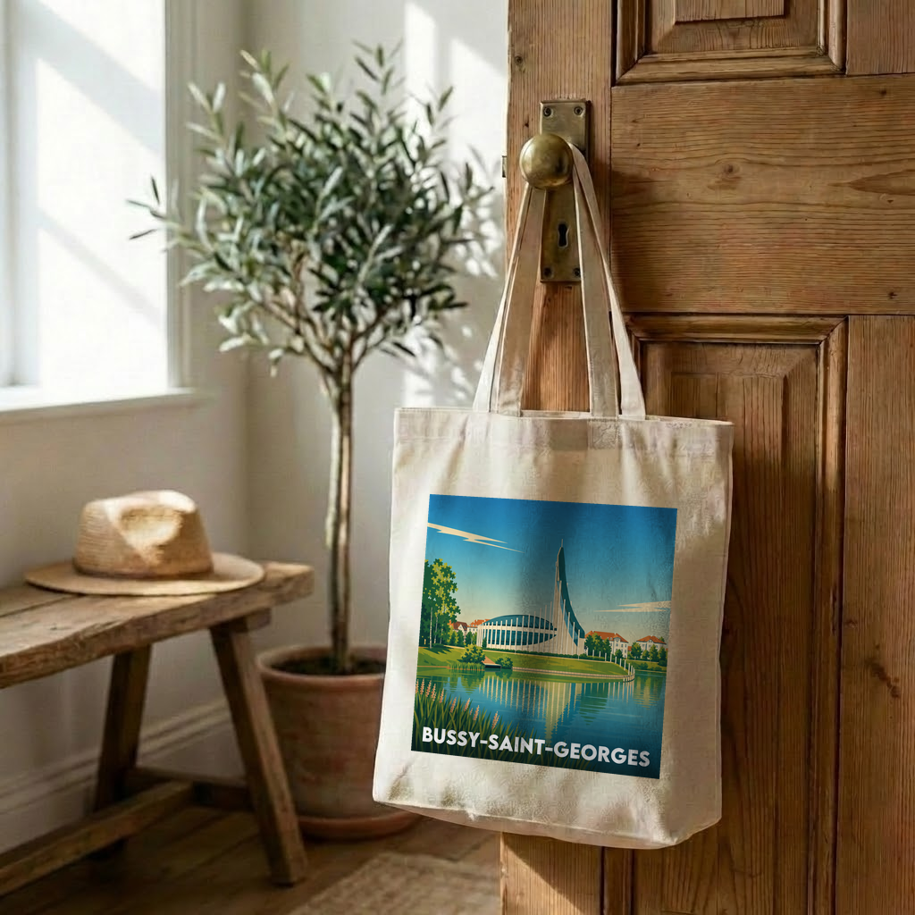 Tote bag souvenir de la ville de Bussy-Saint-Georges avec une illustration stylisée d'un paysage urbain au bord de l'eau.