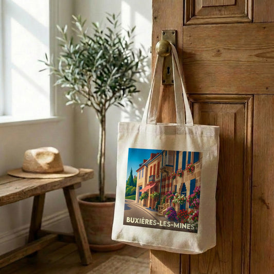 Sac cabas en toile souvenir de la ville de Buxières-les-Mines avec une illustration colorée et fleurie.