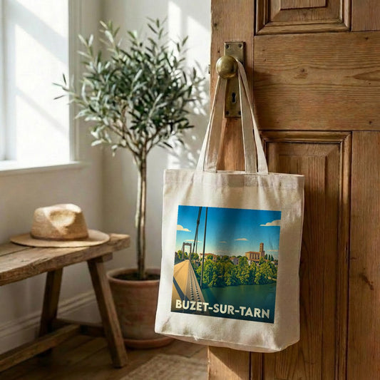 Tote bag souvenir de la ville de Buzet-sur-Tarn avec une illustration stylisée.