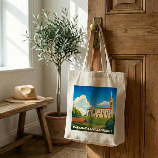 Tote bag souvenir de la ville de Cabanac-et-Villagrains avec une illustration stylisée de son église.