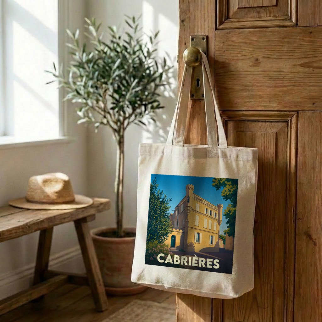 Tote bag souvenir de la ville de Cabrières avec une illustration stylisée d'un château provençal.