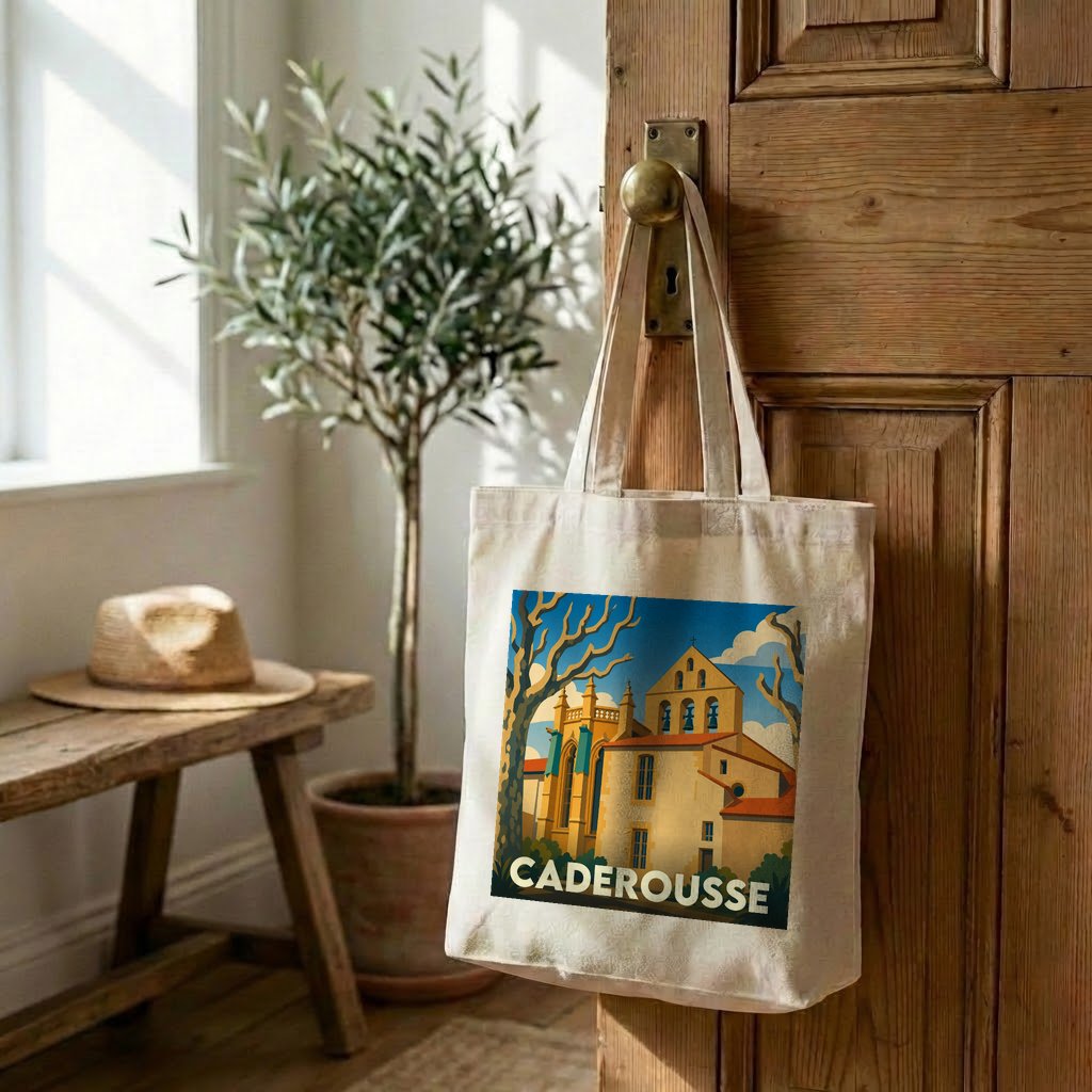 Tote bag souvenir de la ville de Caderousse avec une illustration stylisée d'une église provençale.