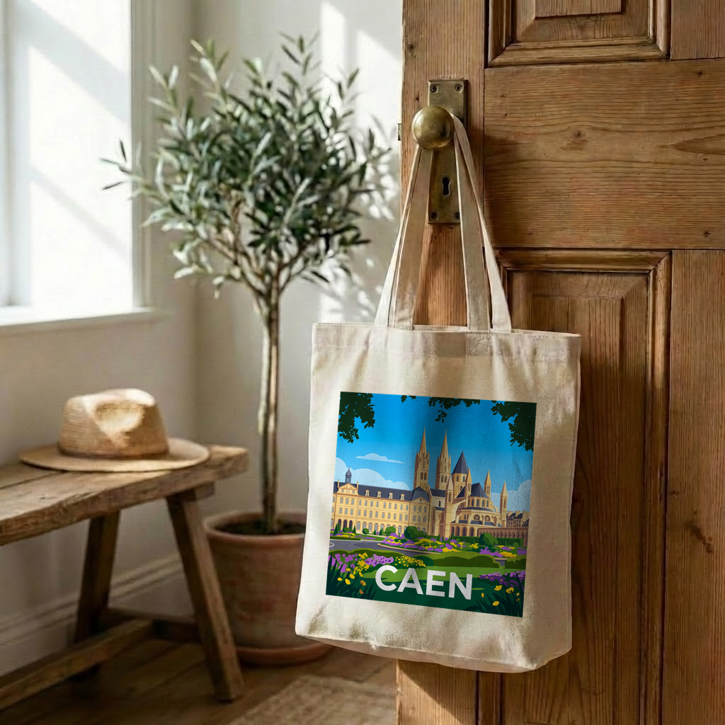 Tote bag souvenir de la ville de Caen avec une illustration stylisée de ses monuments.