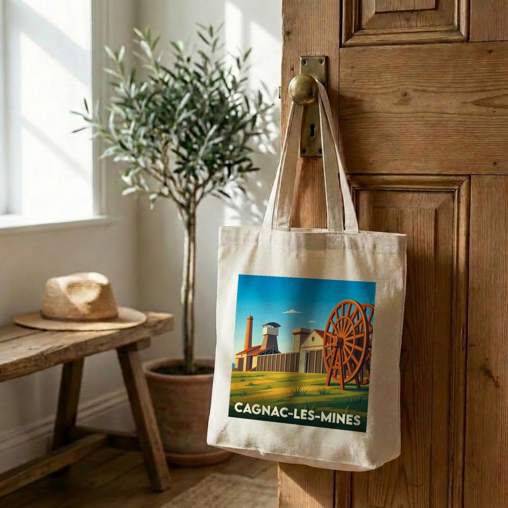 Tote bag souvenir de la ville de Cagnac-les-Mines avec une illustration stylisée d'un ancien site minier.