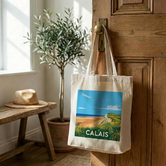 Tote bag souvenir de la ville de Calais avec une illustration stylisée.