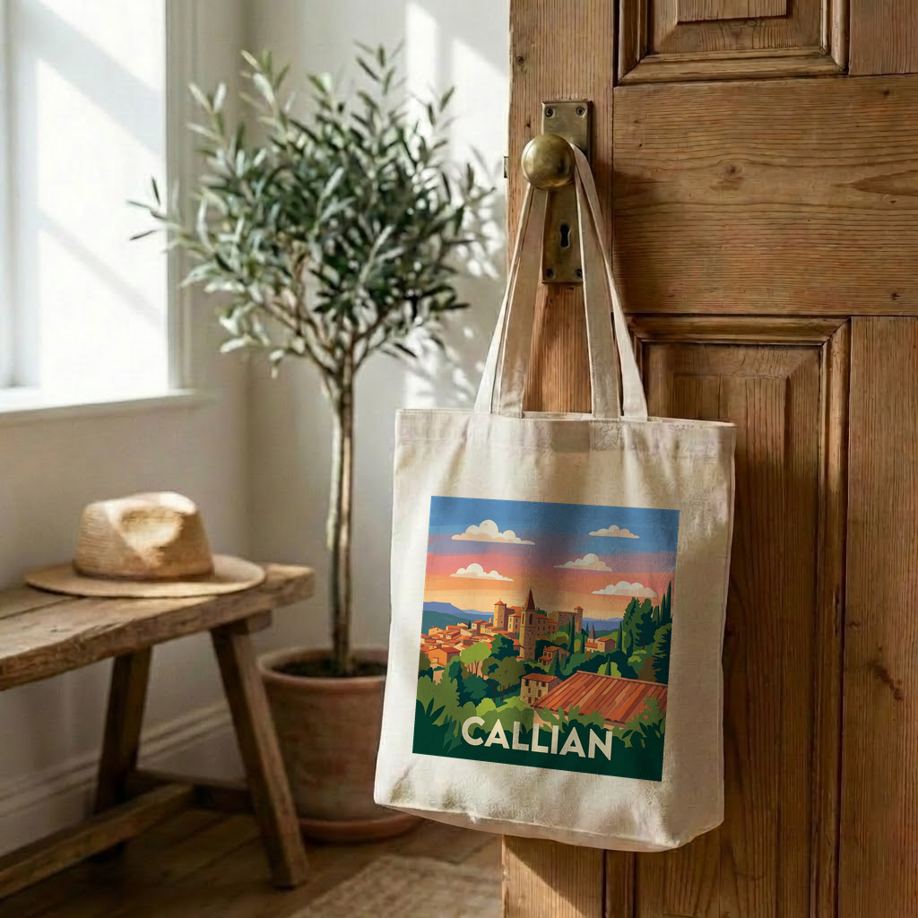 Tote bag souvenir de la ville de Callian avec une illustration stylisée du village.