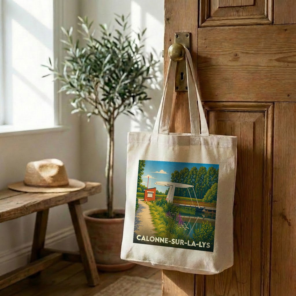 Tote bag souvenir de la ville de Calonne-sur-la-Lys avec une illustration stylisée.