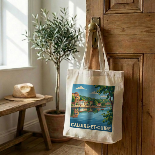 Tote bag souvenir de la ville de Caluire-et-Cuire avec une illustration stylisée.