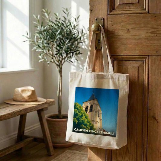 Tote bag souvenir de la ville de Camphin-en-Carembault avec une illustration stylisée de son église.