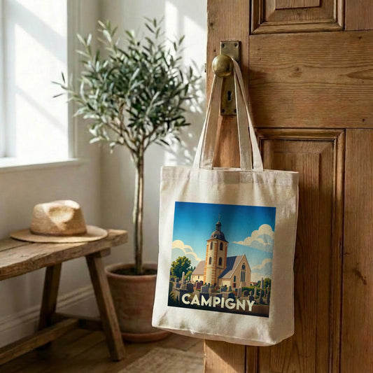 Tote bag souvenir de la ville de Campigny avec une illustration stylisée.