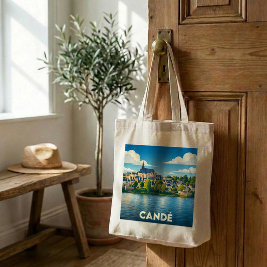 Tote bag souvenir de la ville de Candé avec une illustration stylisée.