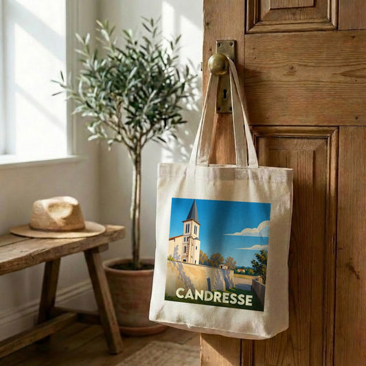 Tote bag souvenir de la ville de Candresse avec une illustration stylisée.