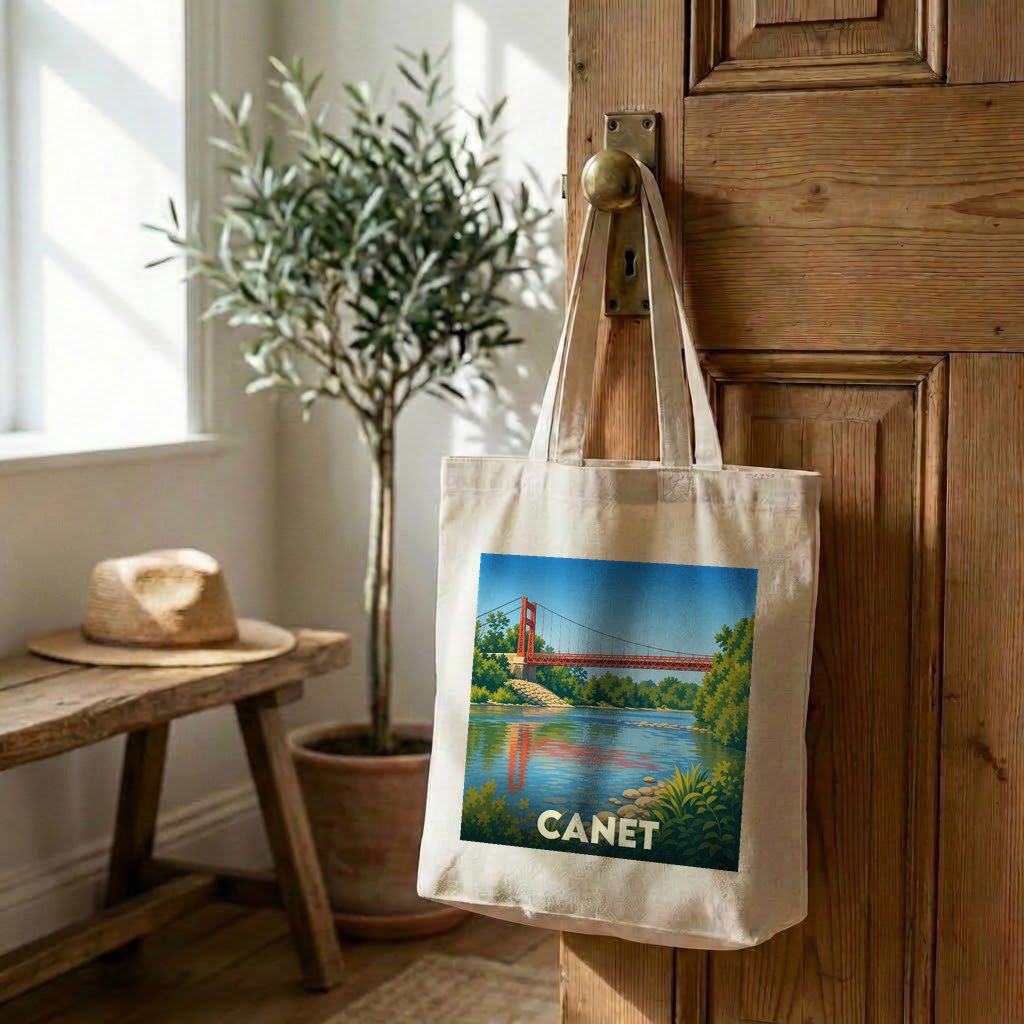 Tote bag souvenir de la ville de Canet avec une illustration stylisée d'un pont enjambant une rivière.
