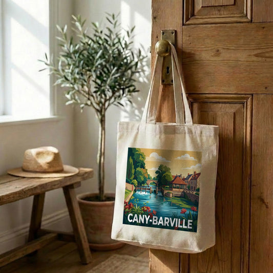 Tote bag souvenir de la ville de Cany-Barville avec une illustration stylisée.