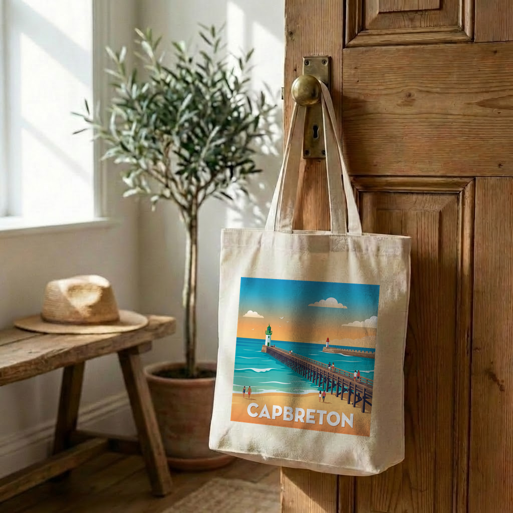 Tote bag souvenir de la ville de Capbreton avec une illustration stylisée de son estacade.