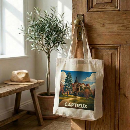 Tote bag souvenir de la ville de Captieux avec une illustration stylisée d'un château.