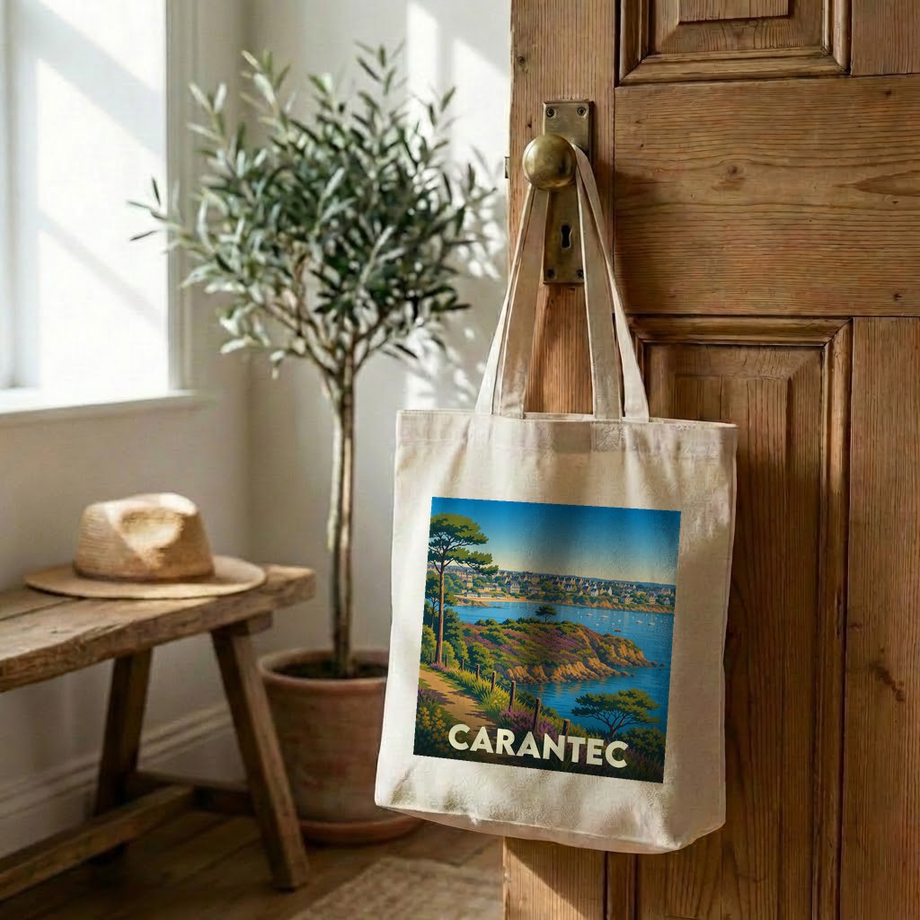Tote bag souvenir de la ville de Carantec avec une illustration de paysage côtier.