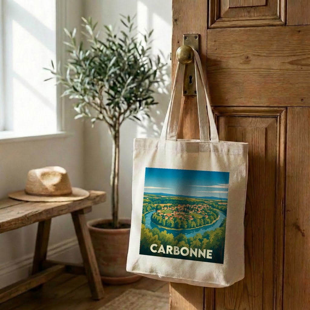 Tote bag souvenir de la ville de Carbonne avec une illustration stylisée d'un méandre de rivière.