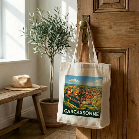 Tote bag souvenir de la ville de Carcassonne avec une illustration stylisée de sa cité médiévale.