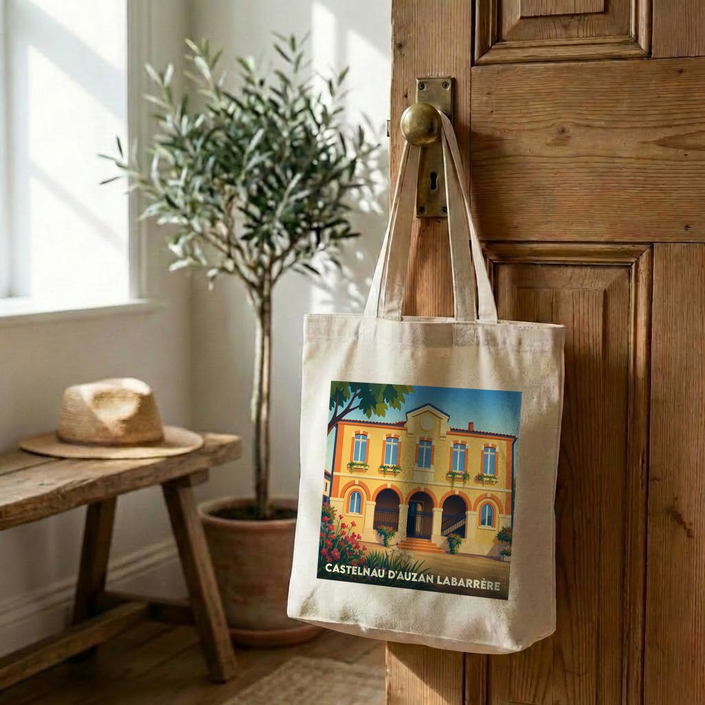 Tote bag souvenir de la ville de Castelnau d'Auzan Labarrère avec une illustration colorée.