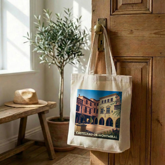 Tote bag souvenir de la ville de Castelnau-de-Montmiral avec une illustration stylisée de sa place centrale.