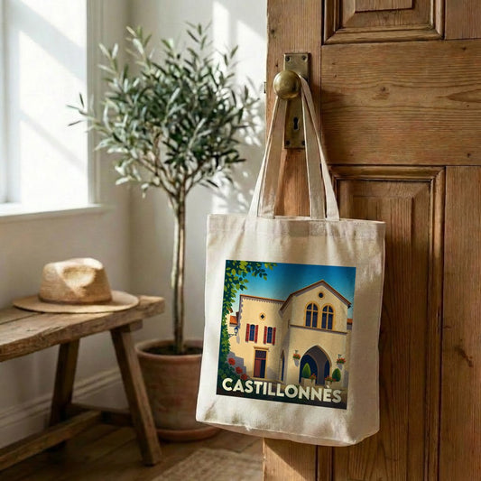 Tote bag souvenir de la ville de Castillonnès avec une illustration stylisée.