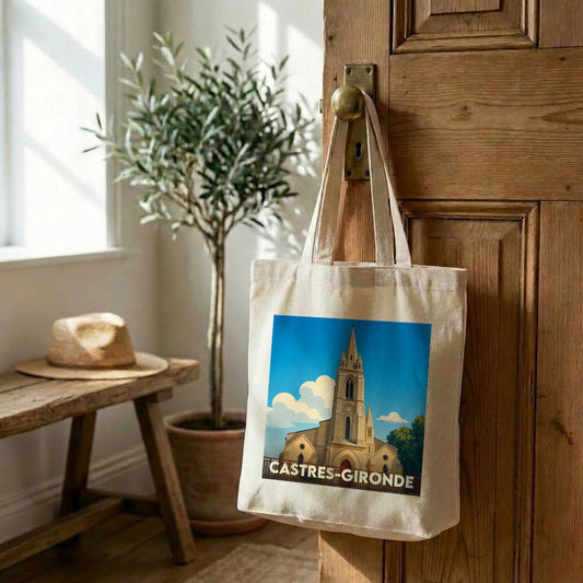 Sac cabas souvenir de la ville de Castres-Gironde avec une illustration stylisée de son église.