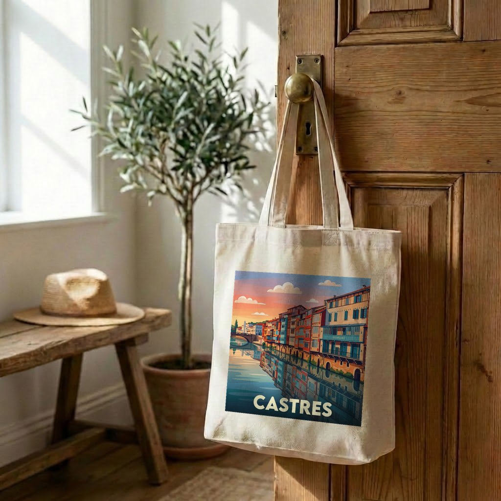 Tote bag souvenir de la ville de Castres avec une illustration stylisée.