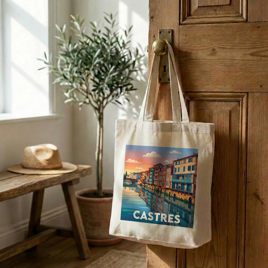 Tote bag souvenir de la ville de Castres avec une illustration stylisée.