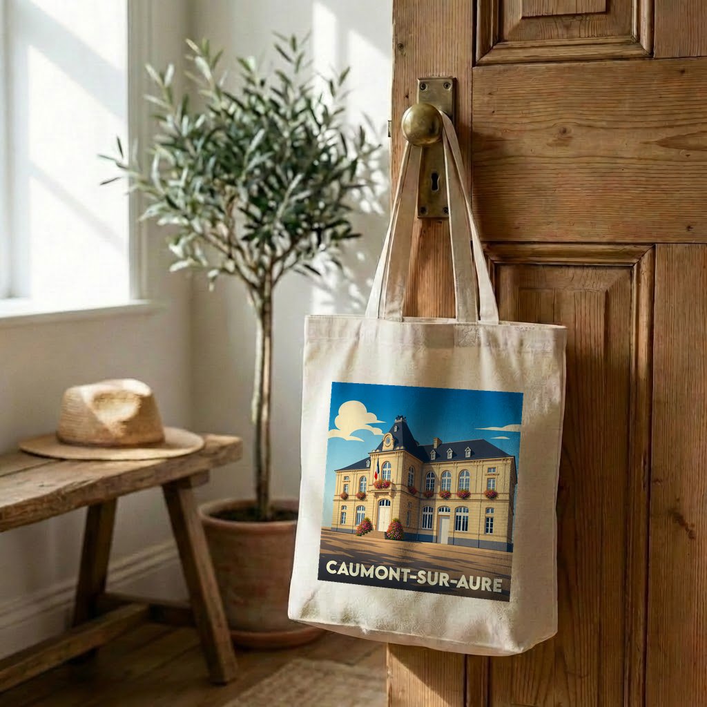 Tote bag souvenir de la ville de Caumont-sur-Aure avec une illustration stylisée.