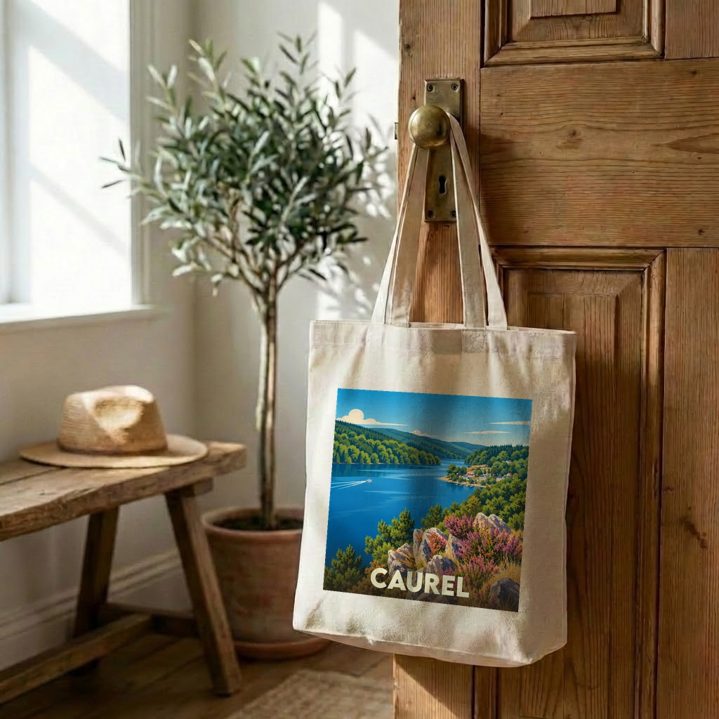 Tote bag souvenir de la ville de Caurel avec une illustration paysagère stylisée.