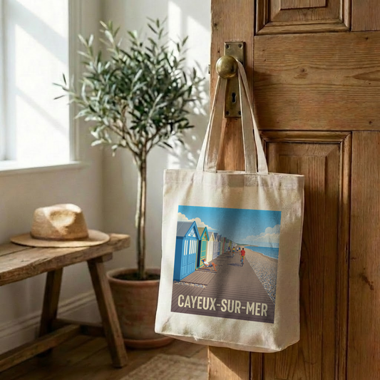 Tote bag souvenir de la ville de Cayeux-sur-Mer avec une illustration stylisée de ses cabines de plage.