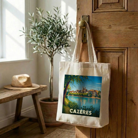 Tote bag souvenir de la ville de Cazères avec une illustration stylisée.