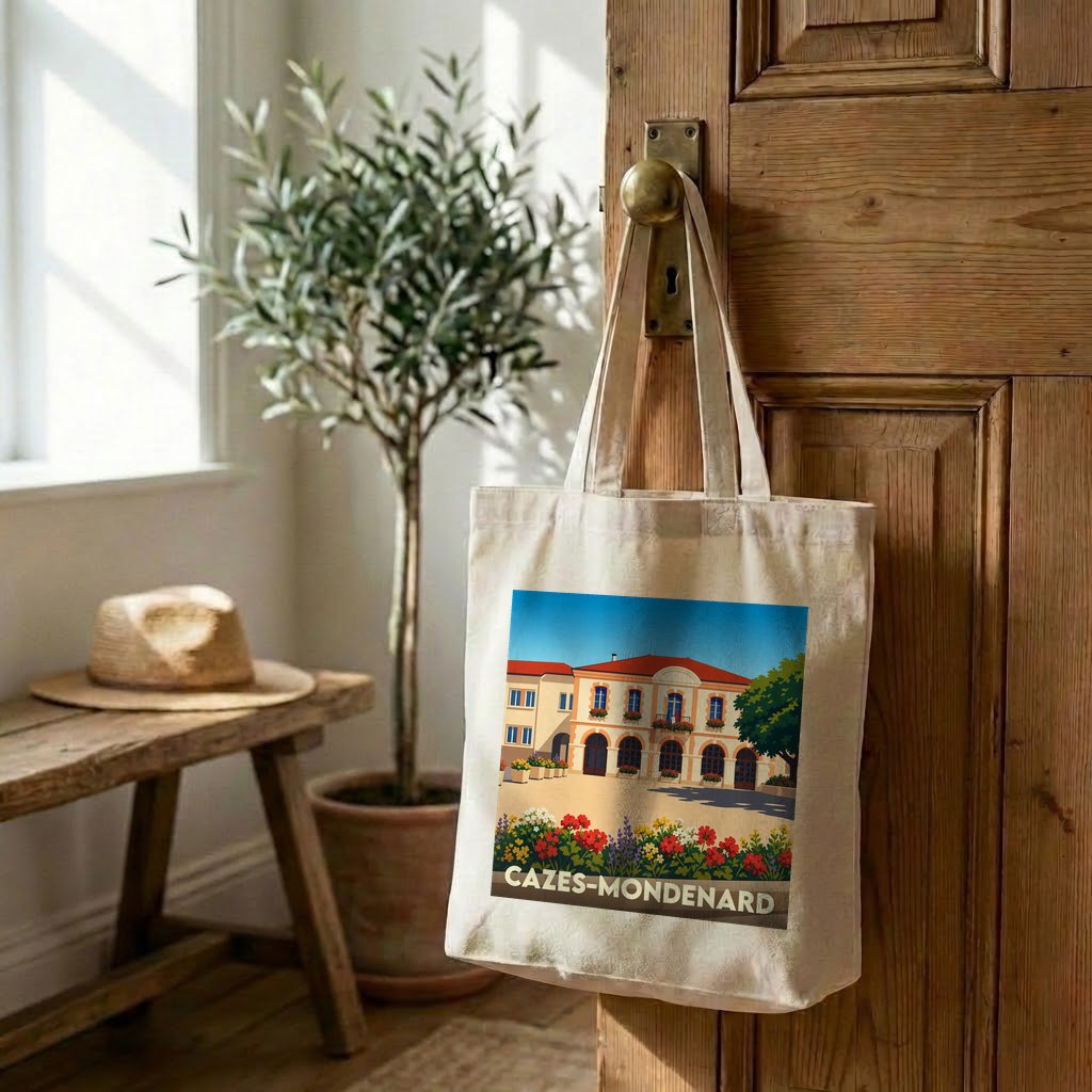 Tote bag souvenir de la ville de Cazes-Mondenard avec une illustration colorée et stylisée.