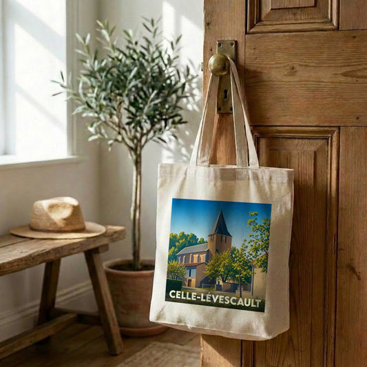 Tote bag souvenir de la ville de Celle-Lévescault avec une illustration stylisée d'une église.