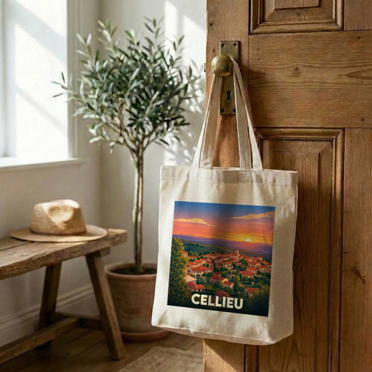 Tote bag souvenir de la ville de Cellieu avec une illustration stylisée d'un coucher de soleil.