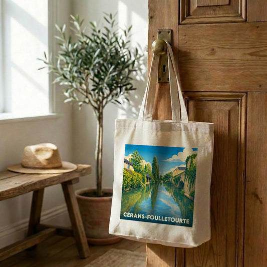 Tote bag souvenir de la ville de Cérans-Foulletourte avec une illustration stylisée d'un paysage fluvial.