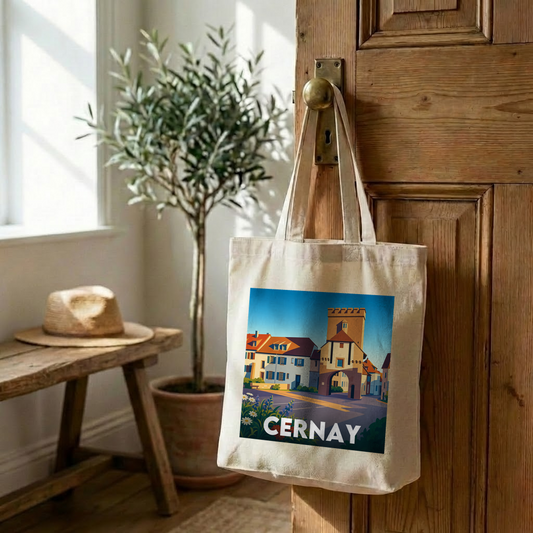 Tote bag souvenir de la ville de Cernay avec une illustration stylisée.