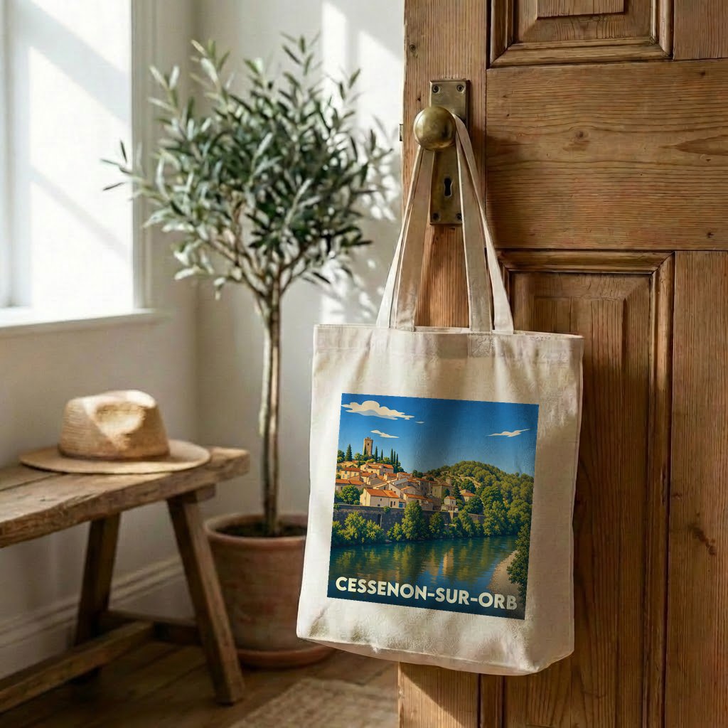 Sac cabas en toile souvenir de Cessenon-sur-Orb illustré d'un paysage pittoresque de la ville au bord de l'eau.