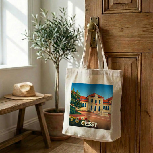 Tote bag souvenir de la ville de Cessy avec une illustration stylisée.