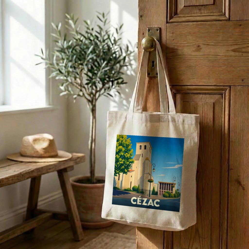 Tote bag souvenir de la ville de Cézac avec une illustration stylisée.