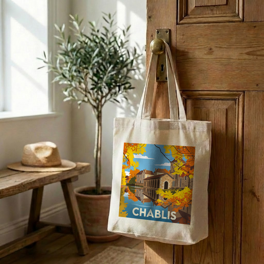 Tote bag souvenir de la ville de Chablis avec une illustration stylisée.