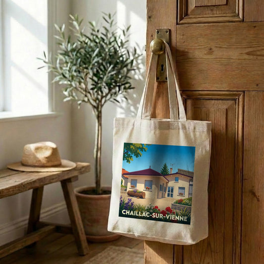 Tote bag souvenir de la ville de Chaillac-sur-Vienne avec une illustration stylisée.