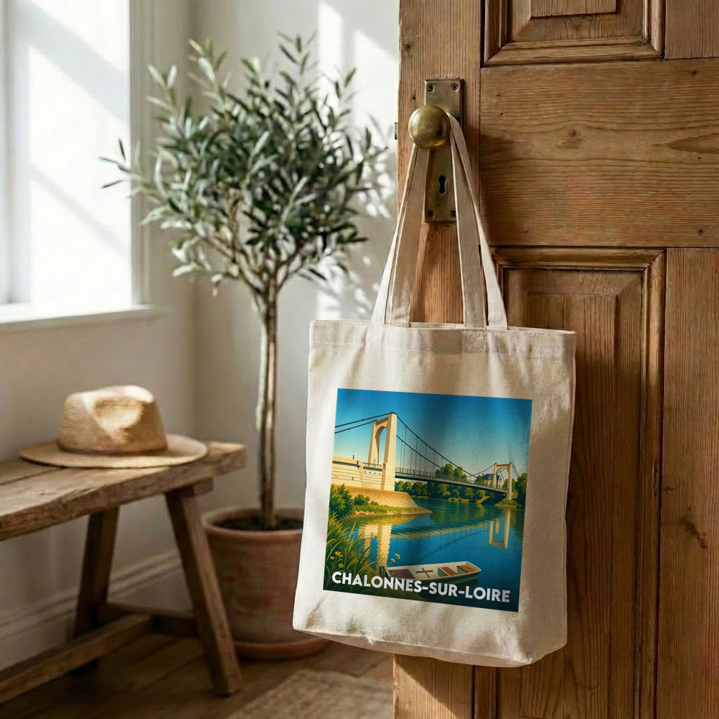 Tote bag souvenir de la ville de Chalonnes-sur-Loire avec une illustration stylisée de son pont.