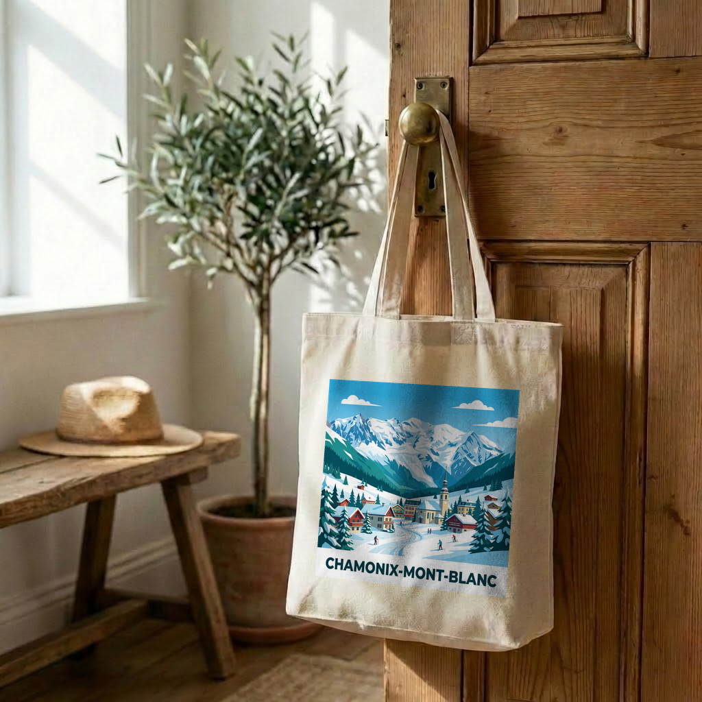 Tote bag souvenir de la ville de Chamonix-Mont-Blanc avec une illustration stylisée de montagne.