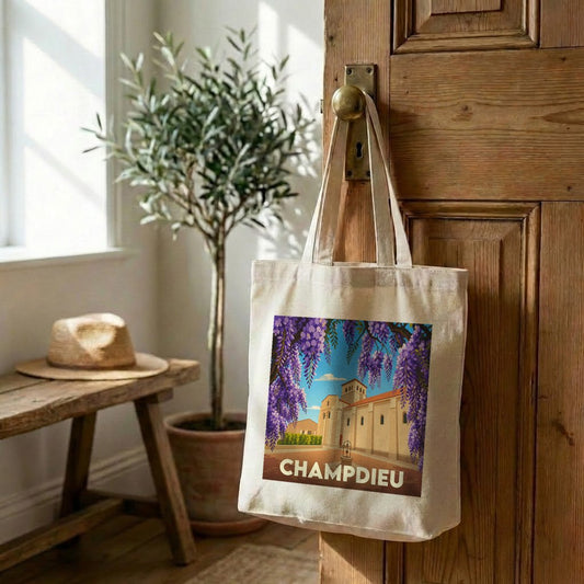 Tote bag souvenir de la ville de Champdieu avec une illustration stylisée.