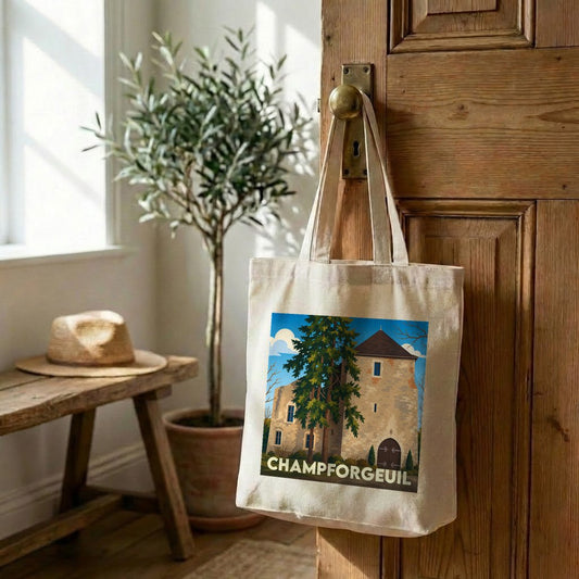 Tote bag souvenir de la ville de Champforgeuil avec une illustration stylisée.
