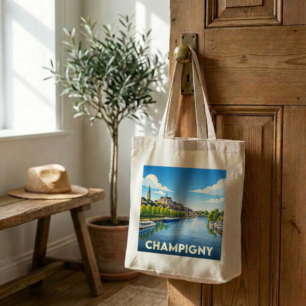 Tote bag souvenir de la ville de Champigny avec une illustration stylisée.